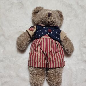 Vintage Teddy Bear With Striped Red and Blue Outfit.
